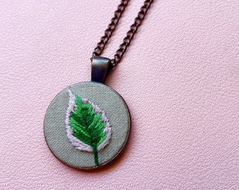 Variegated Leaf on Grey • Hand Embroidered Pendant Necklace • Botanical Handmade Jewelry for Plant Lovers