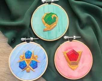 Legend of Zelda Ocarina of Time Pietre spirituali • Set ricamato di 3 • Fan art LoZ fatto a mano • Smeraldo Kokiri, Rubino Goron, Zora Zaffiro
