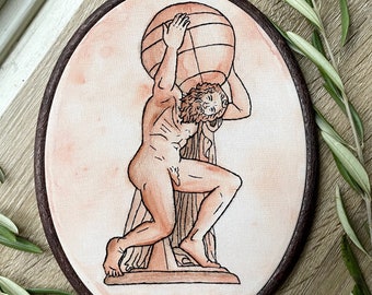 Atlante Farnese • Ricamo a mano su telaio • Disegno lineare e acquerello • Decorazione greca classica • Light Academia