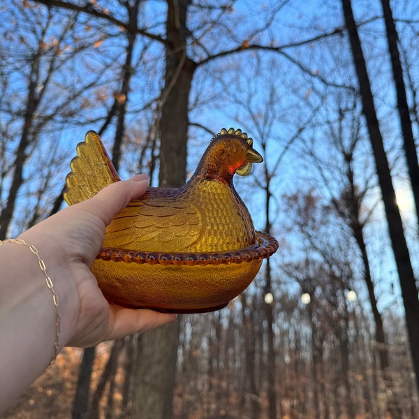Vintage Indiana Glas gelb braun Henne auf einem Nest Huhn