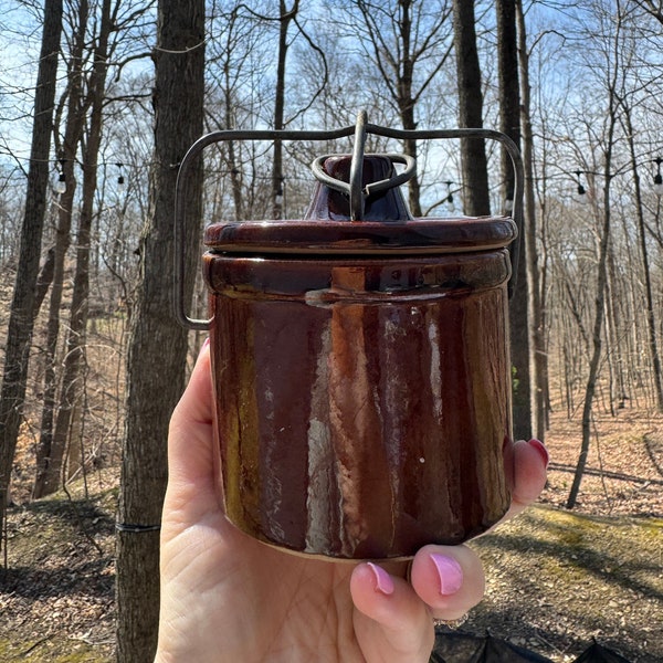 Vintage Brown Crock Metal Closure Stoneware Kitchen Jars with Bail Lock Lid Primitive Butter Storage