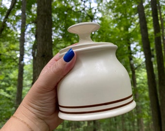 Lidded Sugar Dish Cream Brown Stripes Ceramic Vintage Farmhouse Primitive