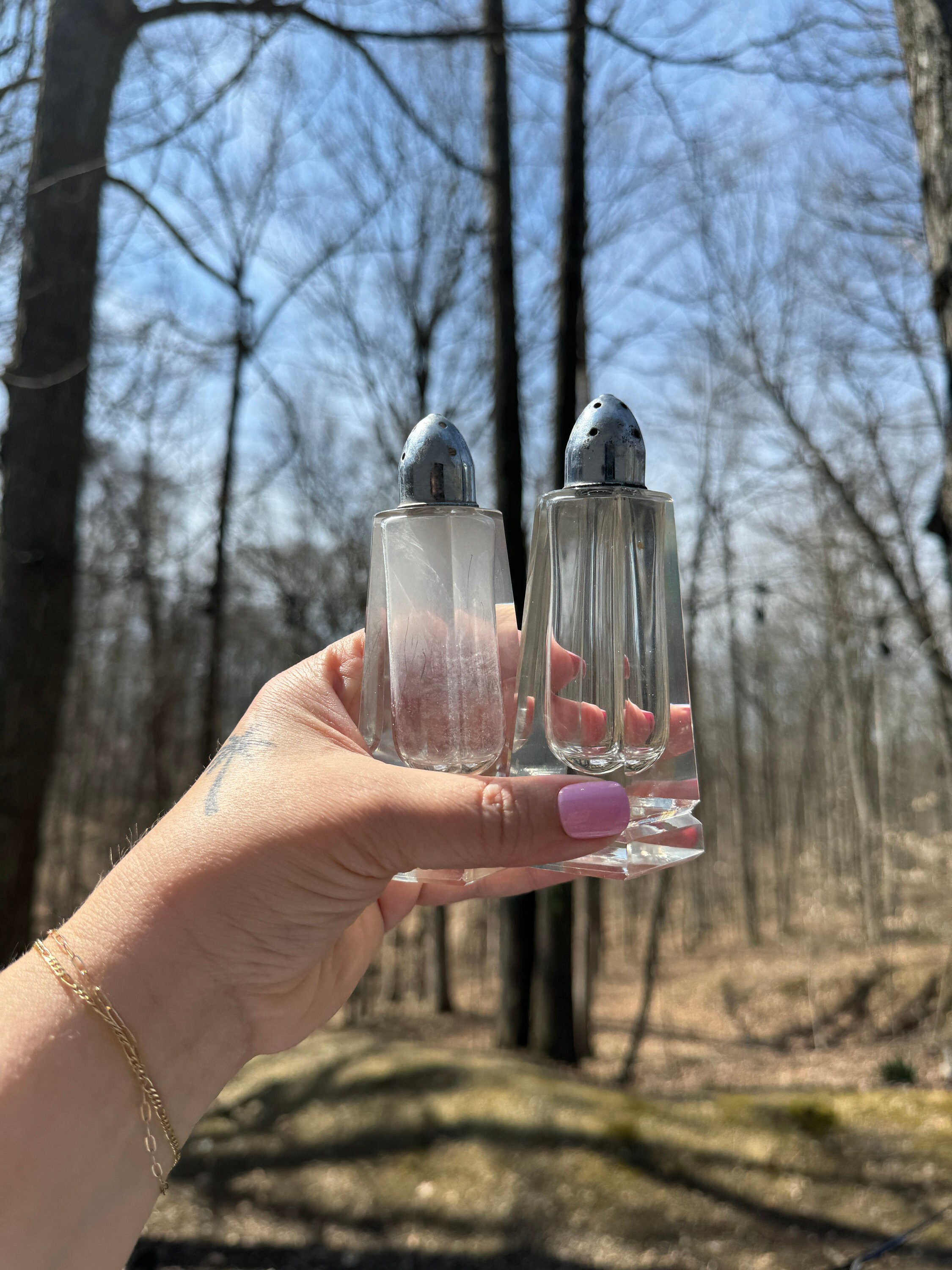 Vintage Danish Style Glass Salt and Pepper Shakers, 1960s Silver