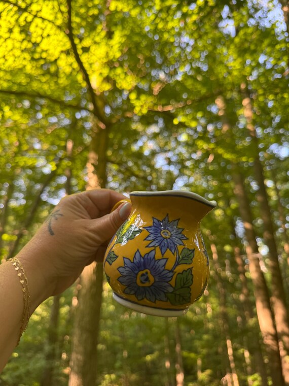 April Cornell Ceramic Creamer Gold Blue Green Floral Coffee Tea