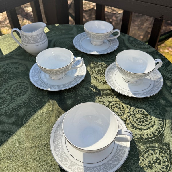 Vintage 1950s Imperial China Dalton Whitney 9 Piece Tea Cups Saucers Creamer Fine China Silver Scroll 4 Cups 4 Saucers 1 Creamer See Desc