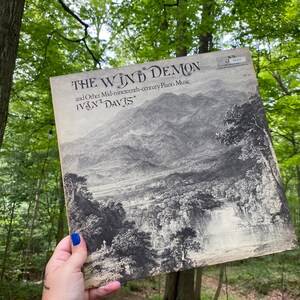May include: A vintage vinyl record album cover featuring a black and white illustration of a mountainous landscape with a waterfall. The album title is "The Wind Demon" and the artist is "Ivan Davis".