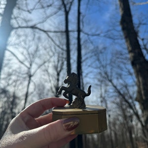 Vintage Brass Unicorn Lidded Trinket Box Patina Whimsical Magical Oddity Green Felt Interior