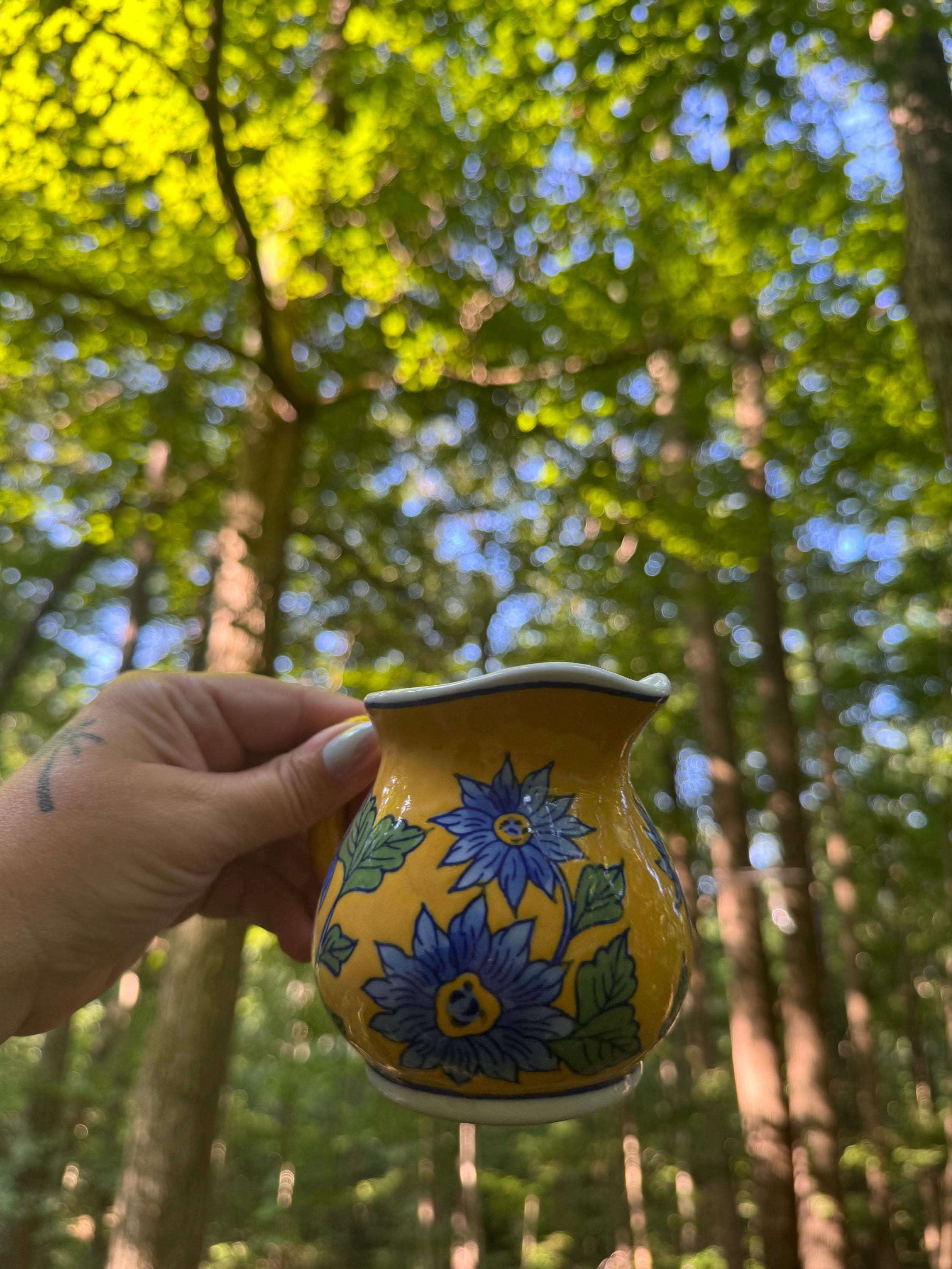 April Cornell Ceramic Creamer Gold Blue Green Floral Coffee Tea
