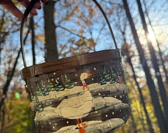 Hand Painted Christmas Goose Duck Snow Winter Scene Basket With Handle Vintage Grandmacore Cottagecore