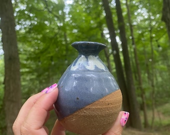 Mini Vase Neutral Blue Earth Tones Hand Spun Handmade Vintage Pottery Ceramic