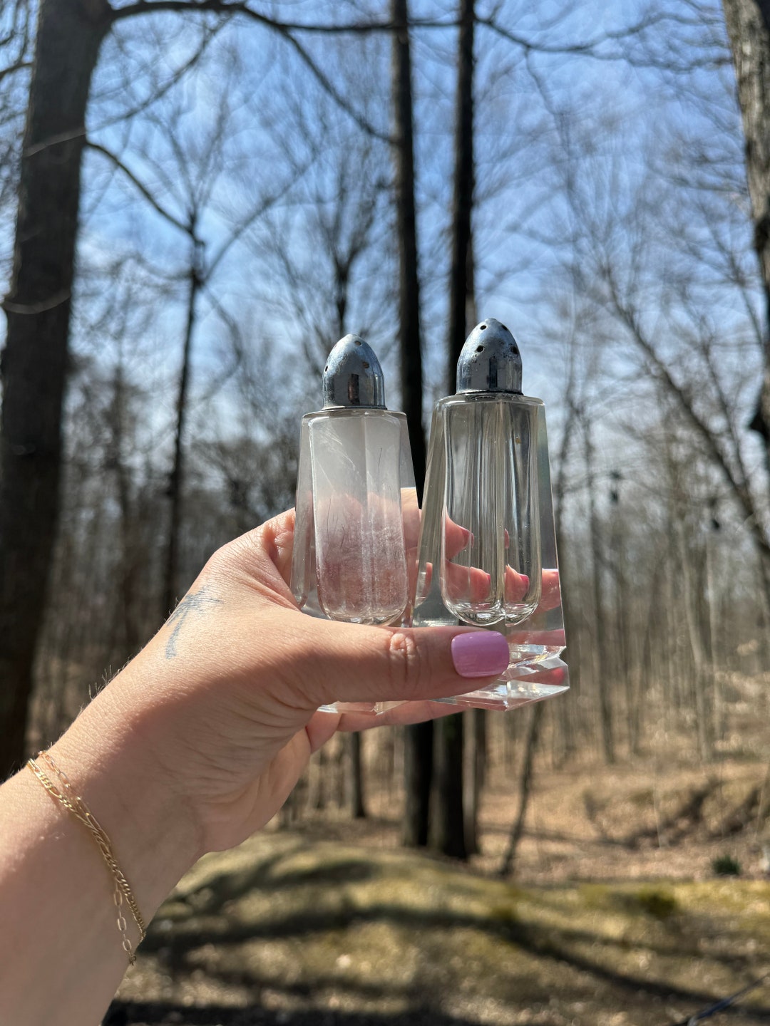 Vintage Danish Style Glass Salt and Pepper Shakers, 1960s Silver