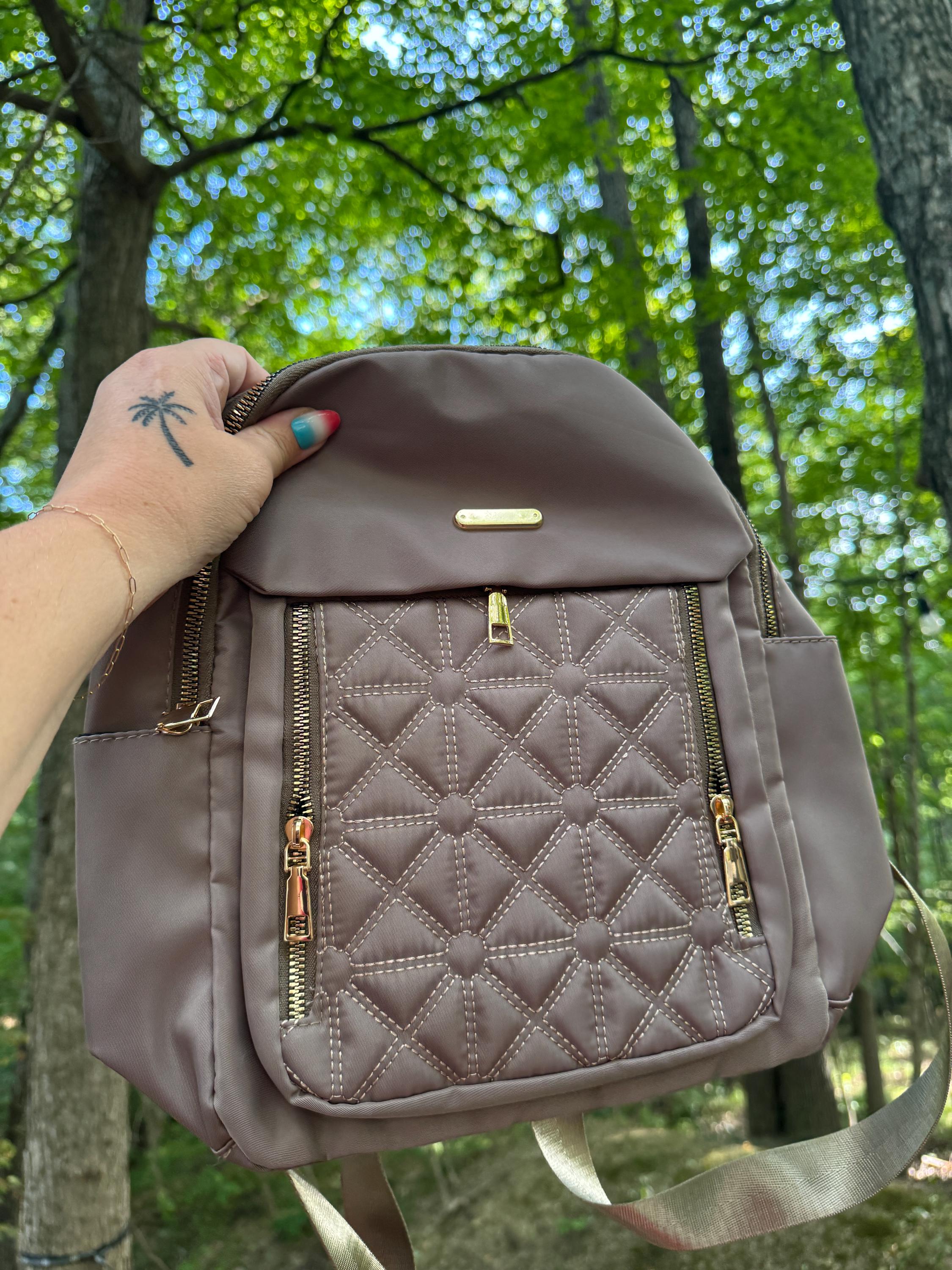 Patterned Brown Quilted Backpack With 2 Shoulder Strap 
