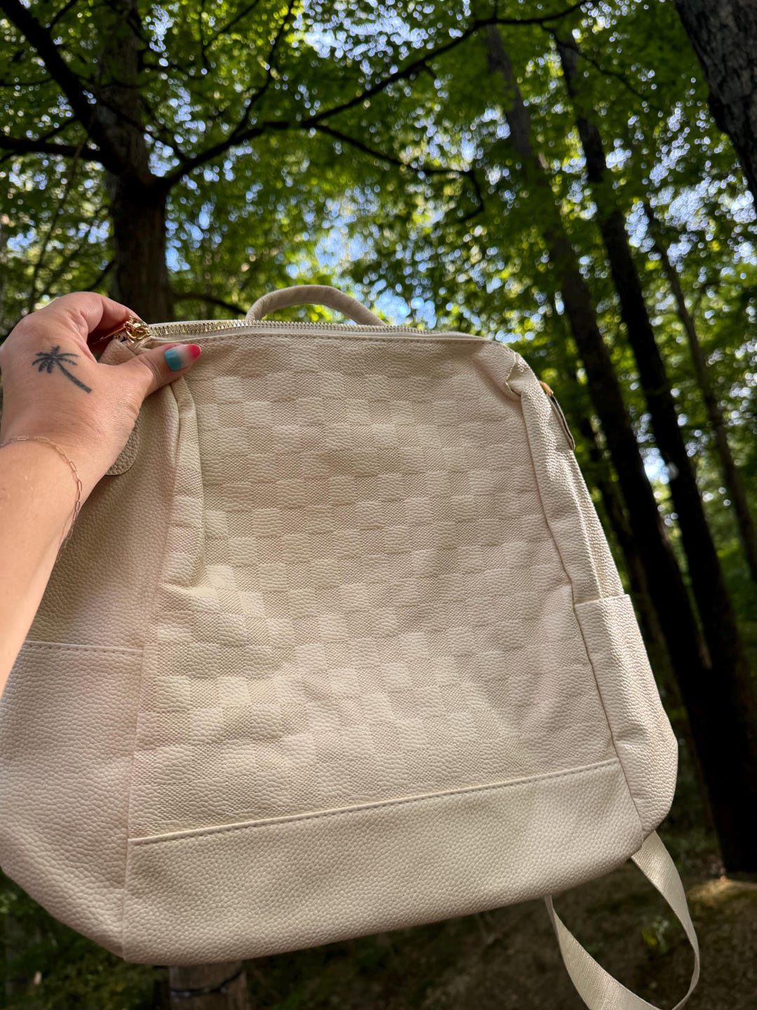 Checkered Cream Backpack With 2 Shoulder Strap Options Gold Hardware ...
