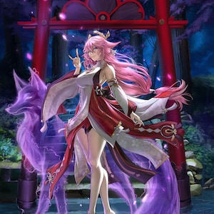 May include: A woman with pink hair and a white and red kimono stands in a pool of water. She is surrounded by a purple, ethereal fox spirit. A red torii gate is in the background.