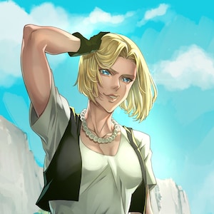 May include: A woman with blonde hair is wearing a black vest over a white shirt, blue jeans, and black shoes. She is sitting on a rock with a blue ocean and green grass in the background.