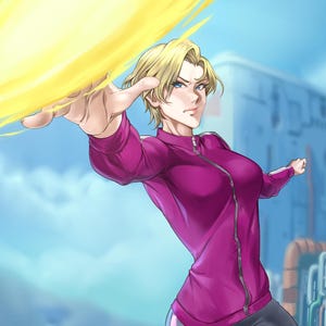 May include: An illustration of a person in athletic wear, mid-action, with a bright yellow energy blast emanating from their hand. The person is wearing a magenta zip-up jacket, gray leggings with pink stripes, and black shoes. The background features a futuristic cityscape.