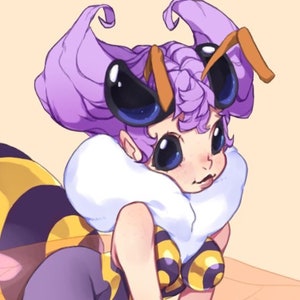May include: A cartoon bee with purple hair and yellow and black stripes. The bee is wearing a white fluffy collar and has large blue eyes.