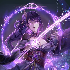 May include: A woman with purple hair and eyes holds a glowing purple sword in front of a purple and blue floral background.