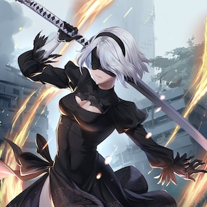 May include: A female character with white hair and a black blindfold, wearing a black dress with a cut-out detail, holds a katana sword in front of her. The background features a blurred cityscape with flames and smoke.