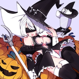 May include: A white-haired anime character wearing a black witch hat and a black and white outfit sits on a pile of orange pumpkins. The character has a black blindfold over their eyes and is holding a long, silver staff.