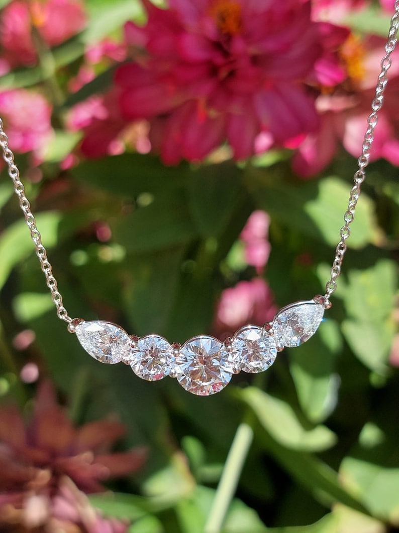Elegant 5 Stone Drop Diamond Necklace | Round and Pear Shape CVD