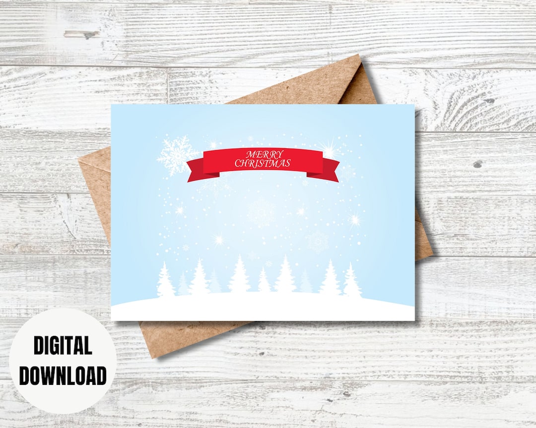 Merry Christmas Digital Printable Card With Snow Trees and a Banner ...