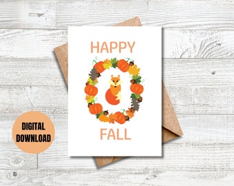 Happy Fall Digital Printable Card, Printable Card, Digital Download Card, Digital Greeting Card, Fall Card, Printable Cards