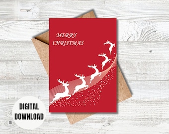 Merry Christmas Digital Printable Card with Reindeer, Printable Card, Digital Download Card, Digital Greeting Card, Printable Cards