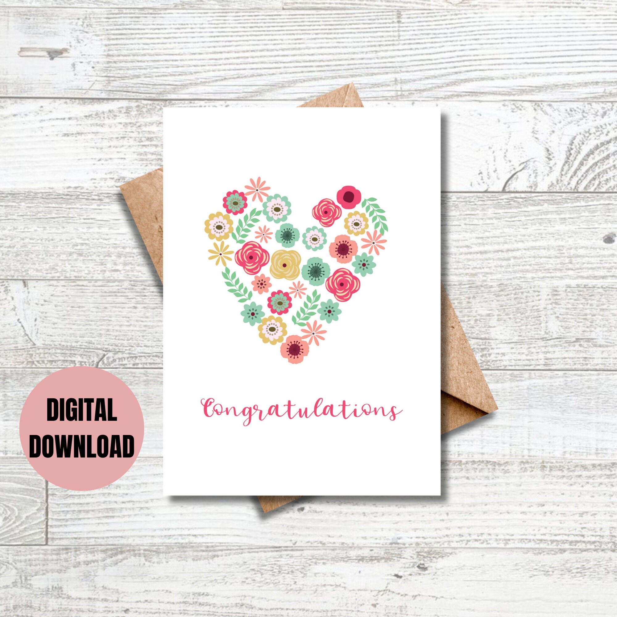 Congratulations Floral Card, Digital Printable Card, Printable Card ...