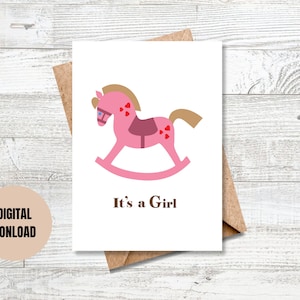 Baby Shower Card with a Rocking Horse, Printable Card, It is a Girl, Instant download, PDF, 5x7, Folding, Foldable, Welcome, Pink