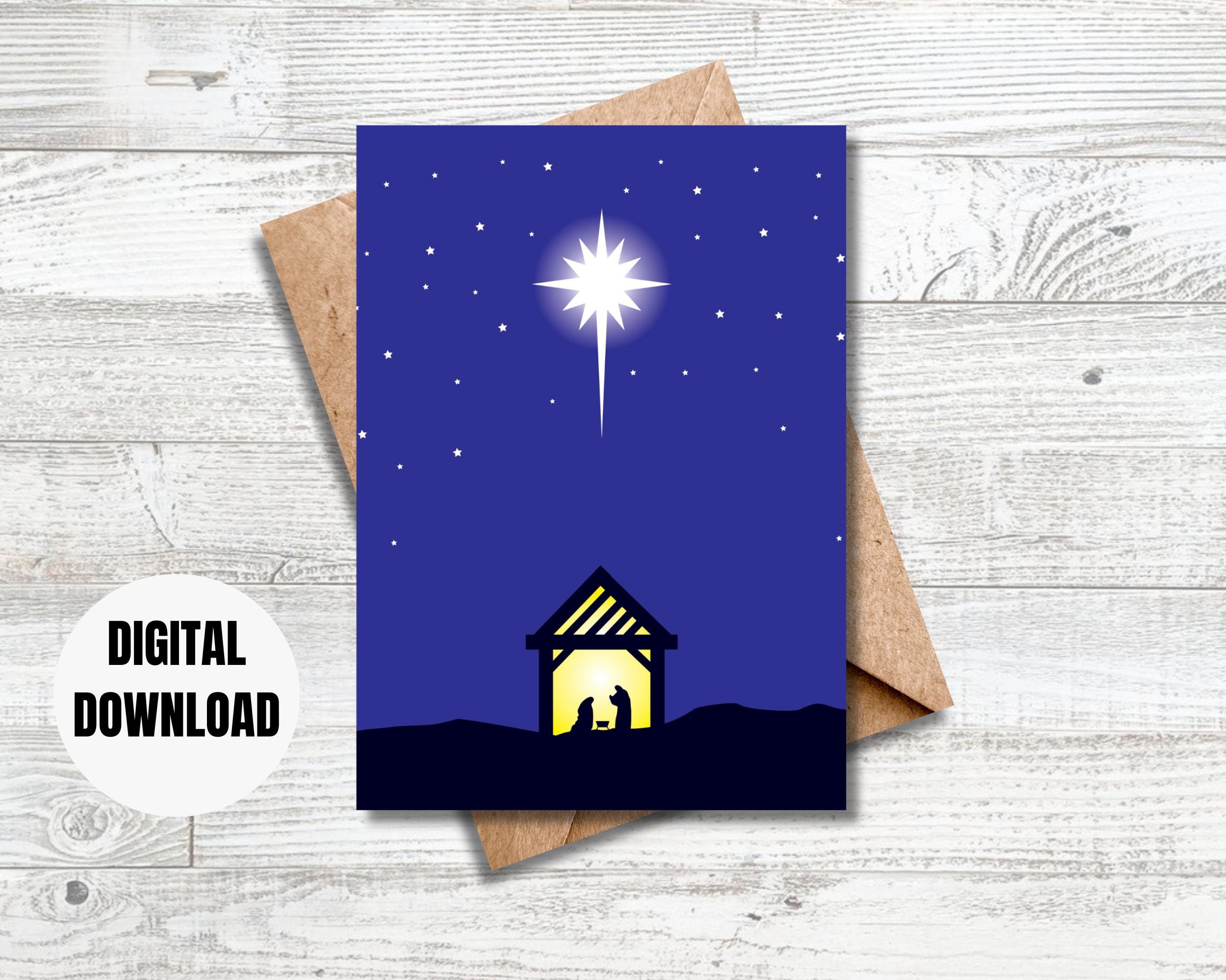 Nativity Scene Christmas Printable Card, Digital Download, Mary Joseph Jesus Prints, The Star of Bethlehem Greeting Card