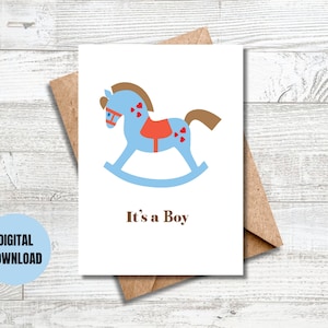 Baby Shower Card, Printable Card, it is a Boy, Instant download, PDF, Rocking Horse, 5x7, Folding, Foldable, Welcome, Blue
