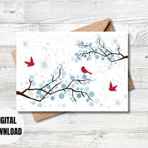 Christmas Digital Printable Card with Tree Branches and Red Birds, Digital Download Card, Digital Greeting Card, Forest, Christmas Card