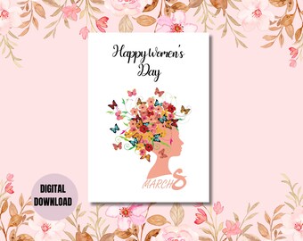 International Women&#39;s Day Digital Printable Card with Beautiful Woman, Digital Download, Happy Women&#39;s Day Card, Printable Card