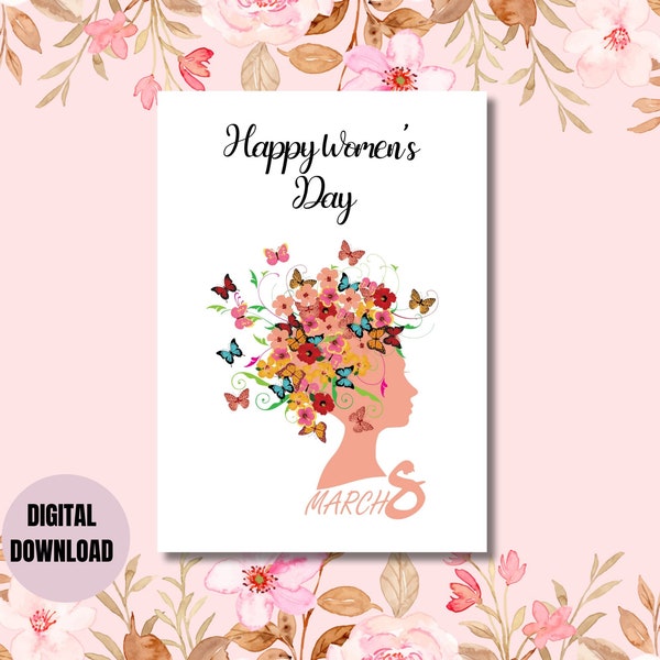 International Women's Day Digital Printable Card with Beautiful Woman, Digital Download, Happy Women's Day Card, Printable Card