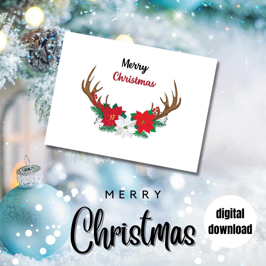 Merry Christmas Poinsettias Antlers Digital Printable Card - Etsy