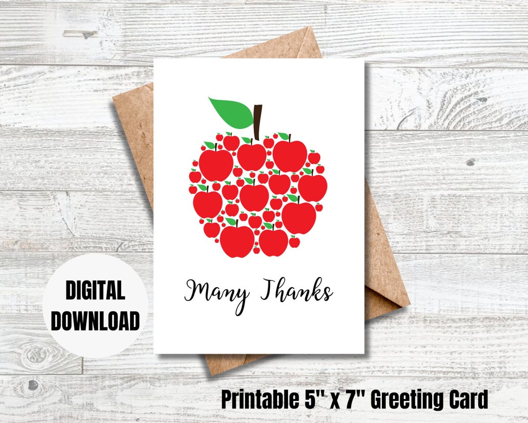 Many Thanks Apple Teacher Digital Printable Card, Digital Download Card ...