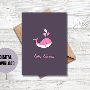 Baby Shower Card, Printable Card, Girl, Instant download, PDF, Pink Whale, 5x7, Folding, Foldable, Welcome, Pink