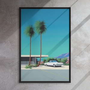 Palm Springs Art, AI Generated, Hiroshi Nagai Inspired, 24x36 Framed Canvas, City Pop Decor