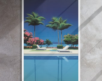 Palm Tree Poolside Wall Art Print – Luxury Resort View | City Pop Realism Decor | Framed or Unframed Canvas