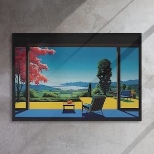 Japanese Minimalist Landscape Canvas, Vibrant Patio View, Large Wall Art