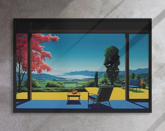 Japanese Minimalist Landscape Canvas, Vibrant Patio View, Large Wall Art