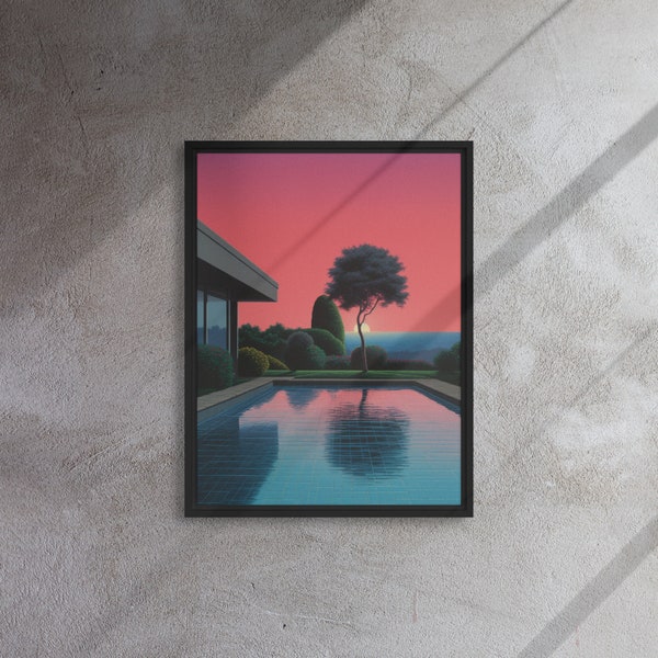 Mid-Century Home - Liminal Spaces, Vaporwave, Framed Canvas, Digital Art, City Pop (Small)