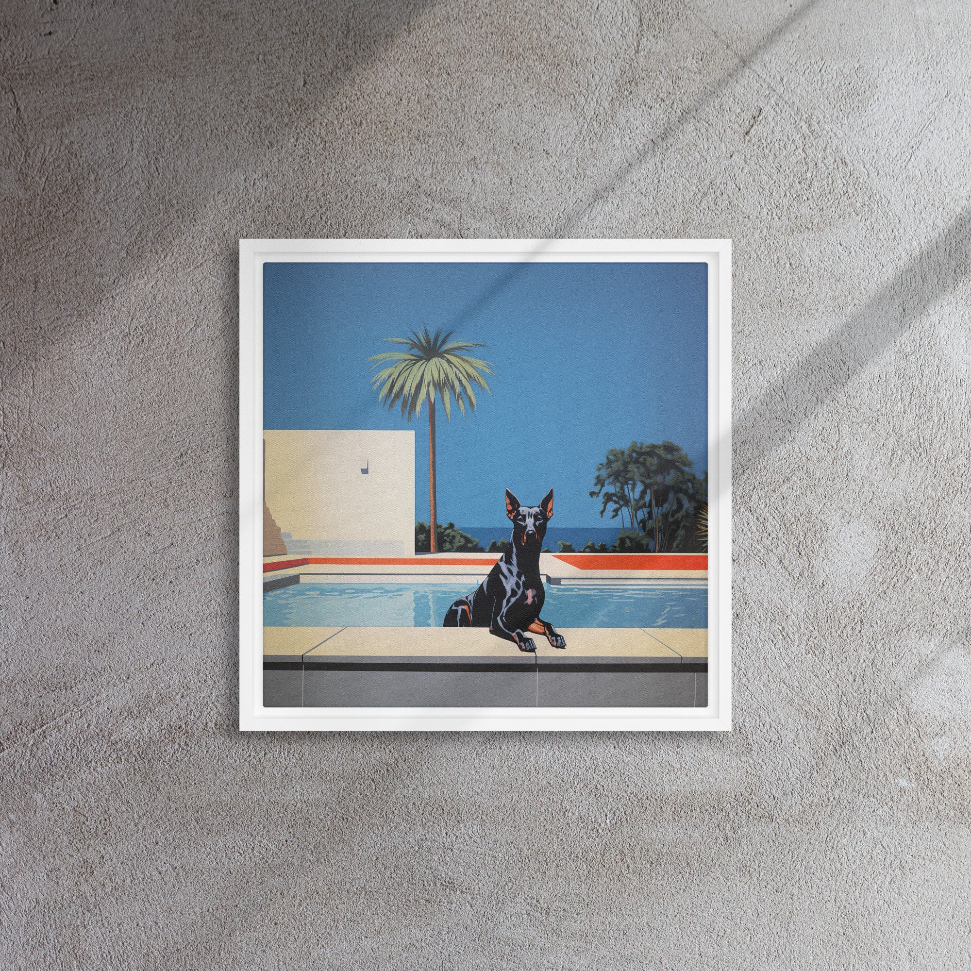Tropical Minimalism Canvas – City Pop Realism Doberman Poolside Print | Mid Century Retro Dog Art