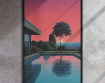 Sunset Dreamscape Wall Art Print – 80s Nostalgia Poolside View | City Pop Realism Landscape Decor | Framed or Unframed Canvas