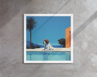 Relaxed Dog by the Pool, Retro Summer Vibes Wall Art, Framed or Unframed