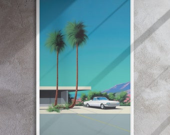 Palm Springs Retro Wall Art Print – Classic Car & Mid Century Home | City Pop Aesthetic Canvas | Framed or Unframed