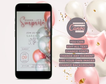 Shhh its a surprise 30th invite, It's a surprise e-invite, Editable, Electronic Phone Text Message Evite, Peach Birthday Invitation