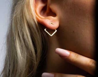 Minimalist Gold Earrings Set with Flat Back Studs, Mismatched Geometric and Square Ear Jacket Piercings, Ear Jackets for a Modern Look