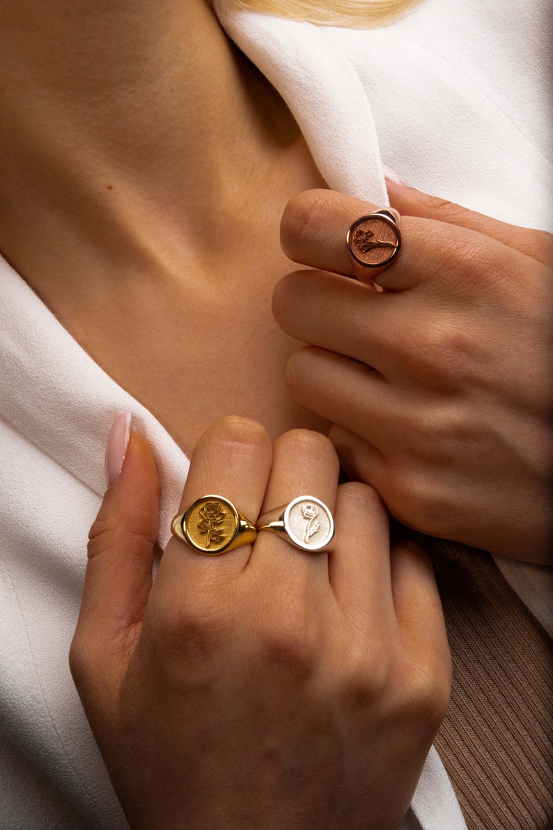 Custom Gold Signet Ring with Birth Flower and Sunflower, Personalized Pinky Ring for Women Floral Jewelry image 3